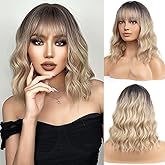 BERON Blonde Ombre Short Wigs Curly Shoulder Length Wig with Bangs Ombre Color Wavy Hair Wigs 35 cm/14 Inch Women's Synthetic Wigs Daily Party Use