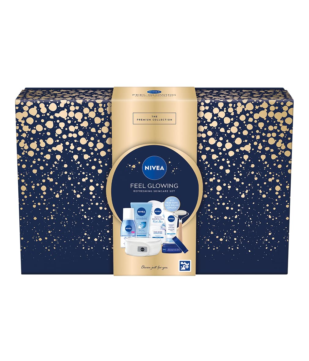 NIVEA Feel Glowing Refreshing Skincare Gift Set, Women's Gift Set with Day Cream, Night Cream, Exfoliating Scrub, Face Mask, Eye Make-Up Remover, Spa Headband