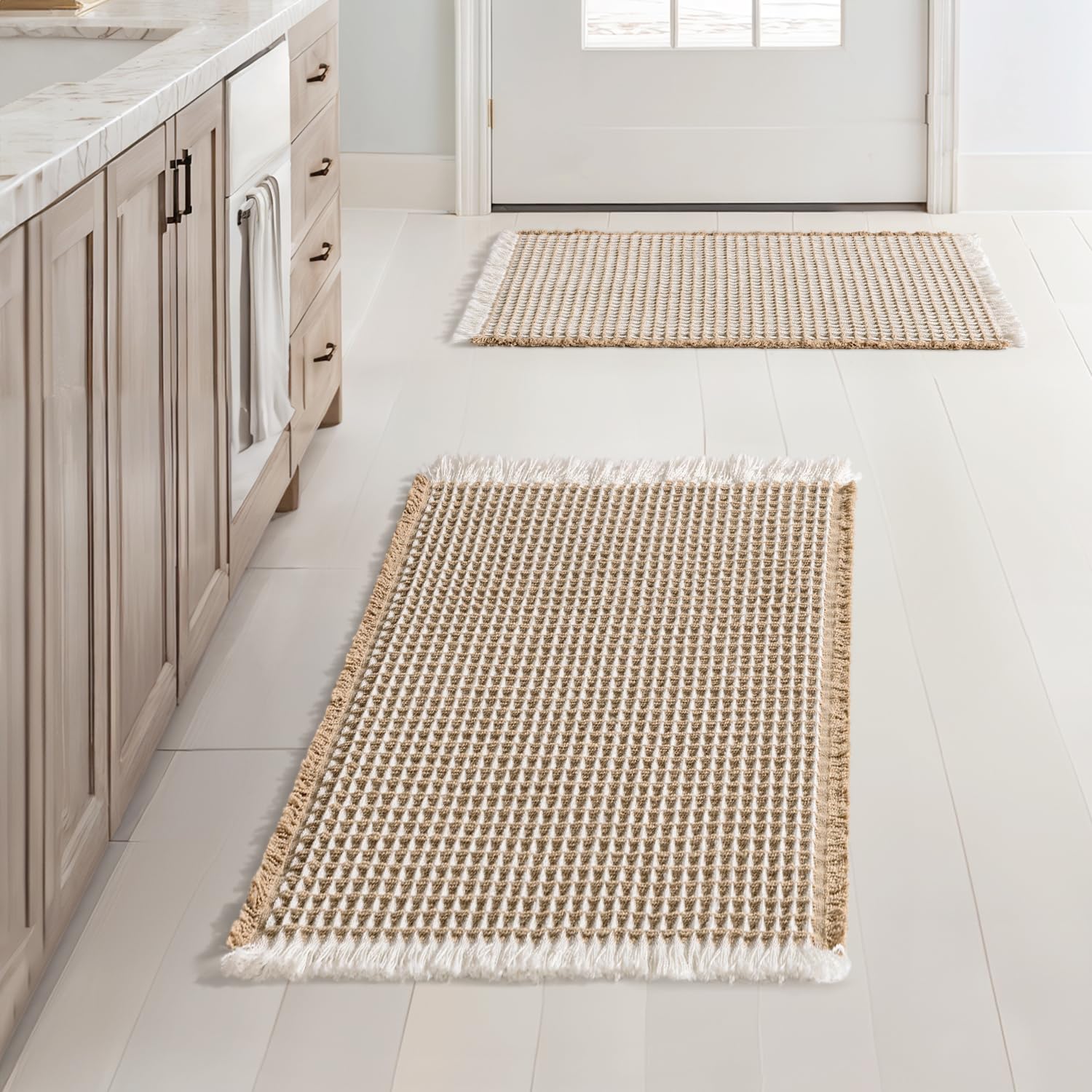 Photo 1 of (SINGLE) 
MIULEE Set of 2 Waffle Bathroom Rugs, Boho Bath Rugs Non Slip Washable, Super Absorbent Bath Mats, Ultra Soft Rubber Backed Shower Mats for Bathroom Floor, Tub, Brown & White, 17x24 Inch
