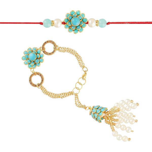 Elegant Kundan Stone Mangalsutra Bracelet Rakhi Set With Roli Chawal & Card For Brother/Bhabhi - Rakshabandhan Gift (R134-CO) - View #3