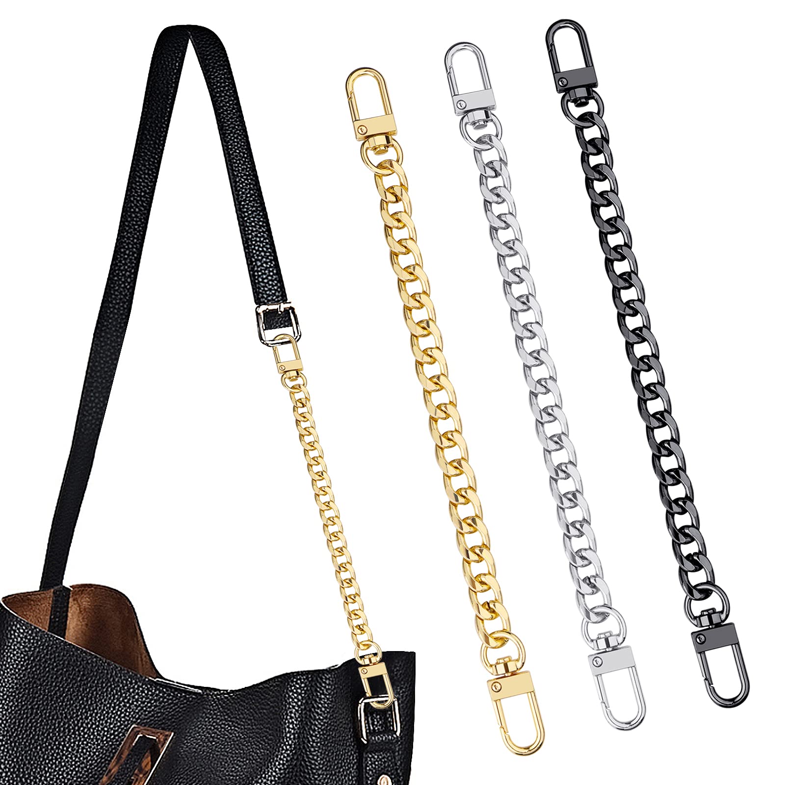 ASTER 3 Pieces 20CM Purse Chain Straps Extender DIY Handbag Purse Strap with Metal Buckles for Purse Handbags Wallet Clutch Shoulder Bag Replacement Strap (Black, Silver, Gold)