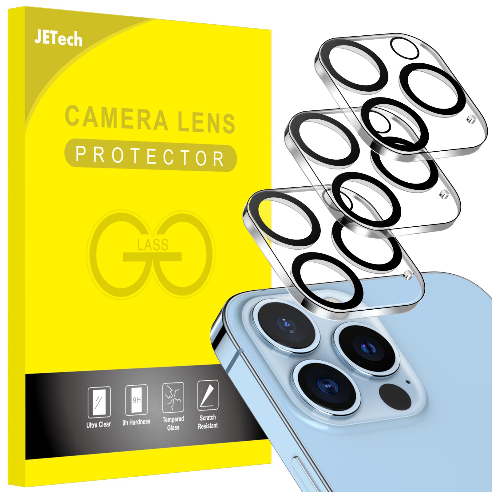 Photo 1 of JETech Camera Lens Protector for iPhone 13 Pro Max 6.7-Inch and iPhone 13 Pro 6.1-Inch, 9H Tempered Glass, HD Clear, Anti-Scratch, Case Friendly, Does Not Affect Night Shots, 3-Pack