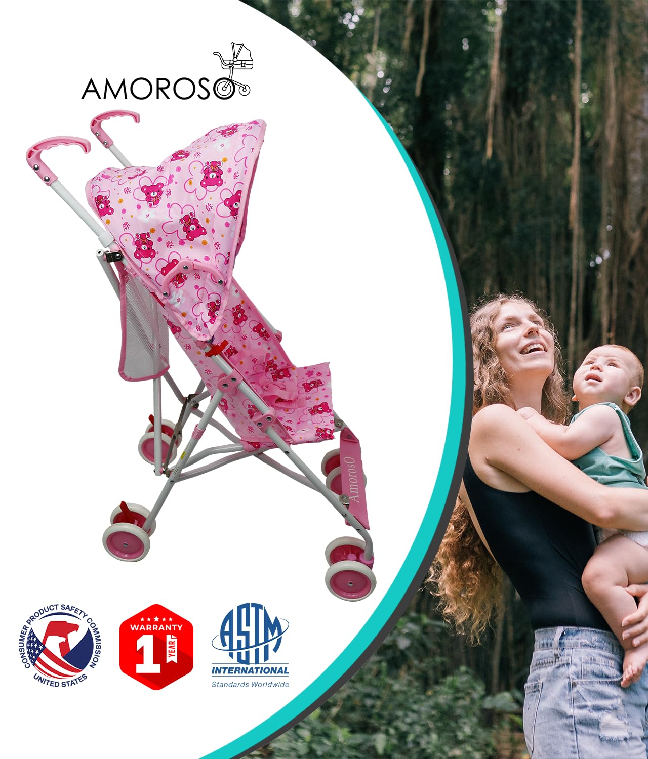 AmorosO Single Umbrella Stroller | Lightweight, Travel-Ready Stroller with EVA Wheels & Sun Protection | Baby Pink