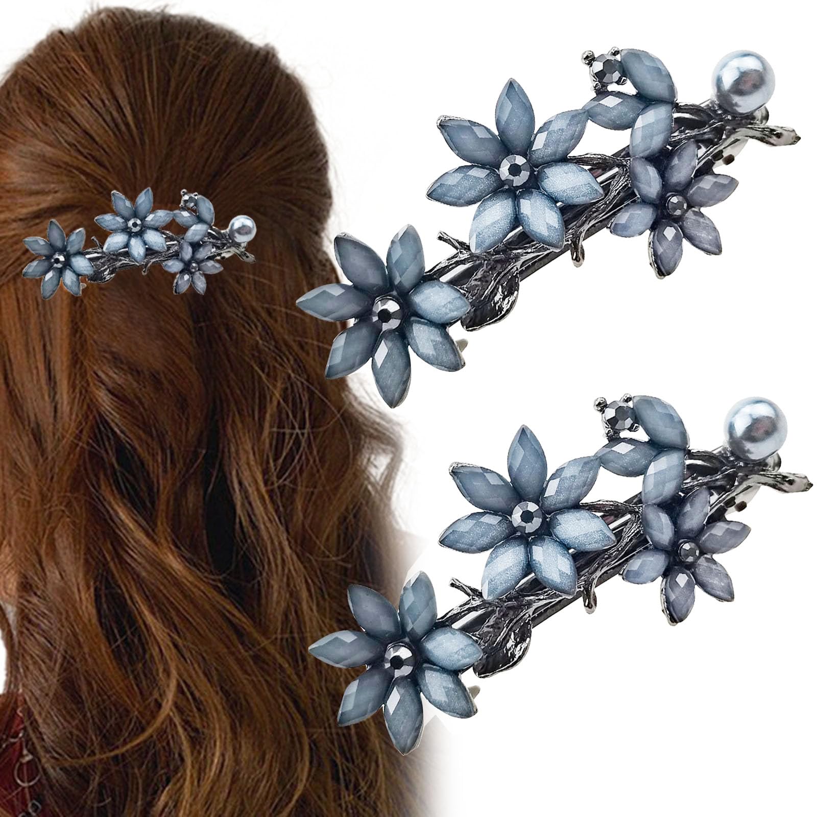 2 PACK Rhinestone Hair Clips Barrettes for Women, Ink-Blue Vintage Rhinestone Hair Clips Sparkly Crystal Clips Flower Small Hair Barrettes Fancy Wedding Hair Accessories for Women Girls Bridal