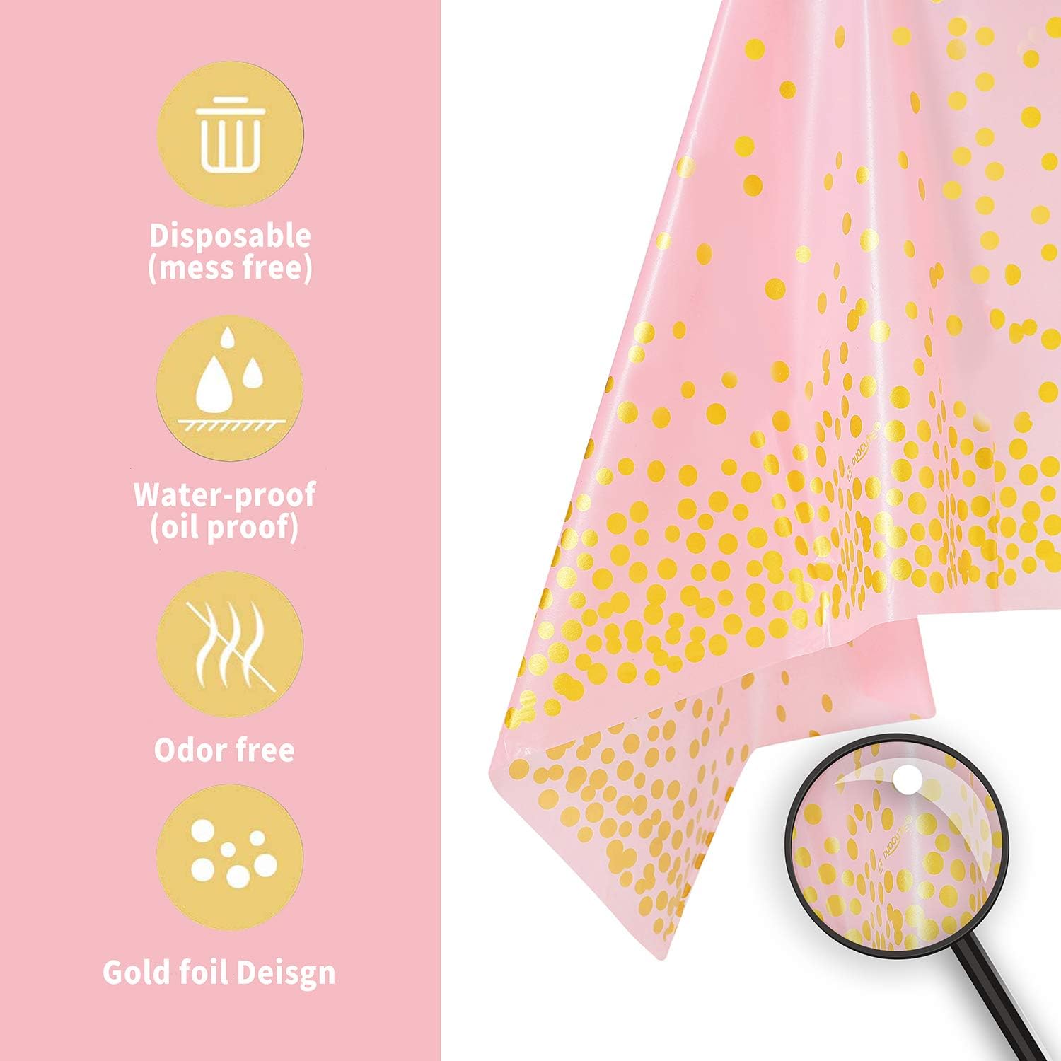 2 Pack Pink and Gold Party Tablecloth for Rectangle Table Gold Dot Confetti Rectangular Table Cover - Image 4