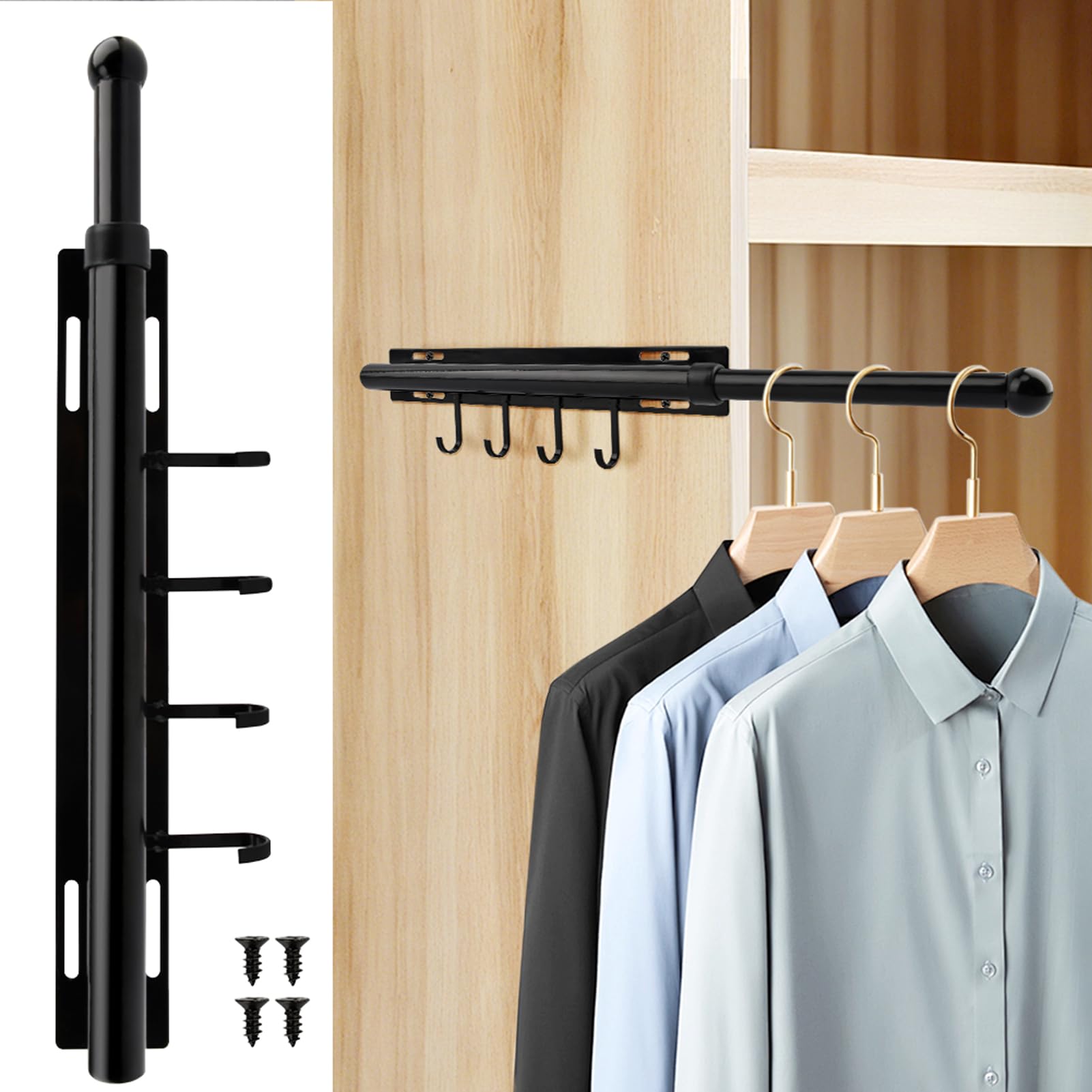 Photo 1 of **MISSING PARTS**
12 Inch Valet Rod for Closet Pull Out, Retractable Slide Out Clothes Hanger with 4 Hooks, Closet Rods for Hanging Clothes Laundry Room, Bedroom, Bathroom(COLOR:Black)