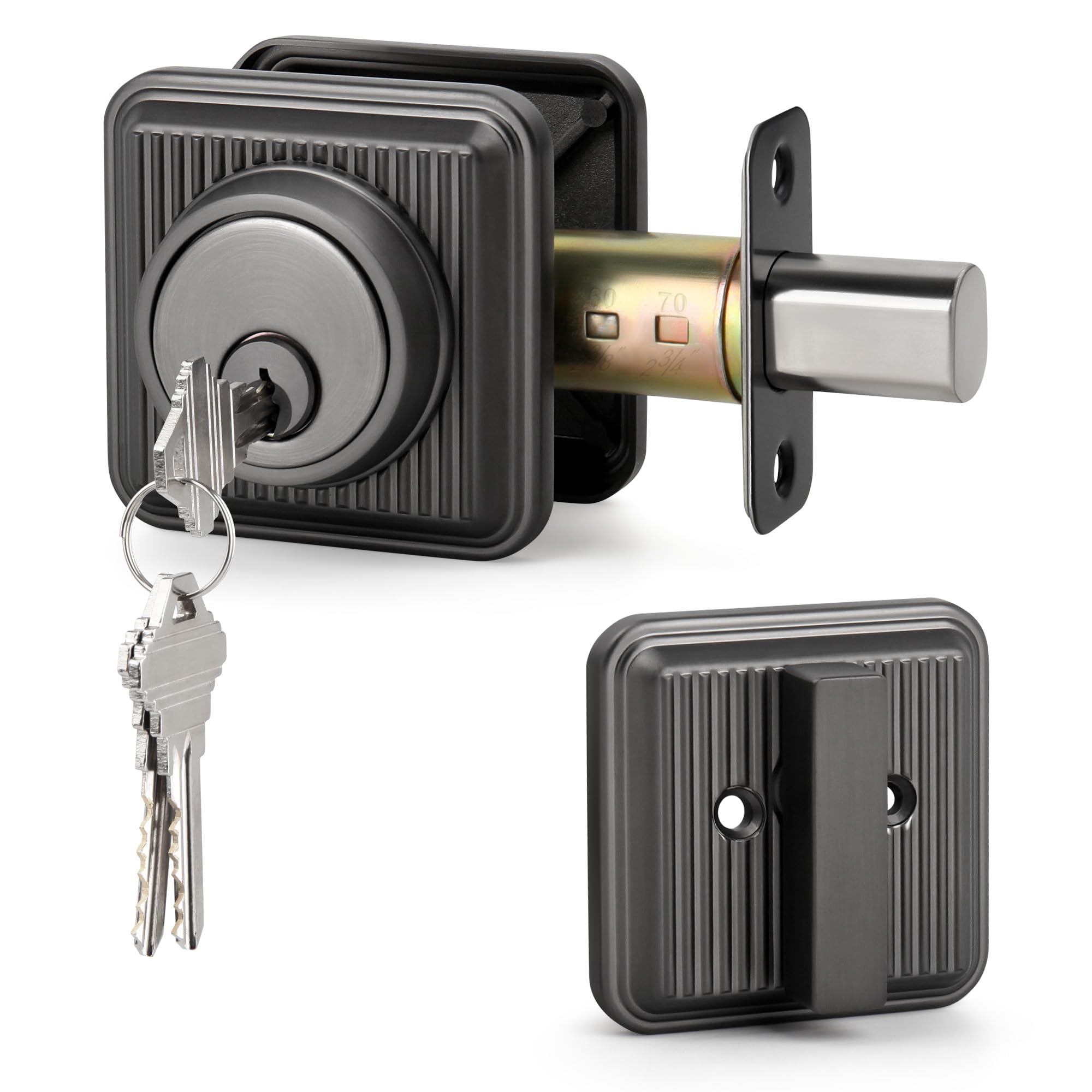 Photo 1 of LOQRON Stripes Style Single Cylinder Deadbolt, Square Heavy Duty Keyed Deadbolt Lock for Exterior Entrance Front Door Security, Antique Nickel