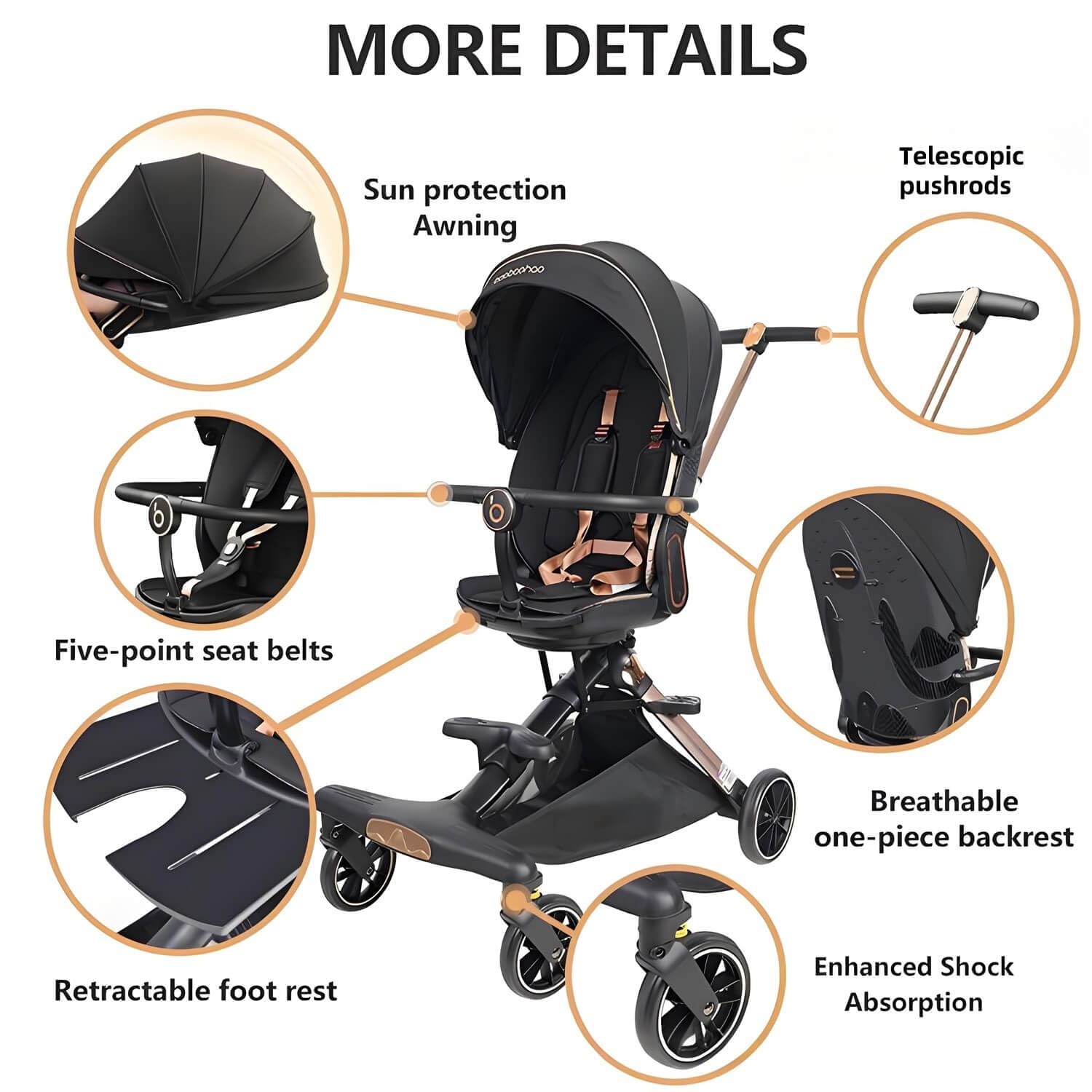 Lightweight Folding Stroller Wagon for Baby & Toddler Travel, 360° Reversible Seat, Adjustable Canopy with Storage Basket, Airplane-Friendly Compact Umbrella Stroller,Glory Black