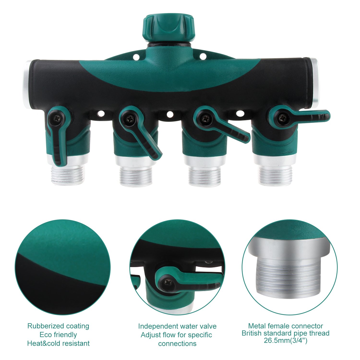 bedee 4 Way Garden Hose Splitter, 4 Way Garden Hose Connector Garden Tap Adaptor Faucet Splitter Outdoor Utility Tap Connector with 4 Connectors/4 Individual Water Valve/8 Rubber Washers for Garden Irrigation Watering