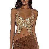 CORIRESHA Women's Sexy Butterfly Tie Backless Rave Night Out Club Crop Tank Top Camis