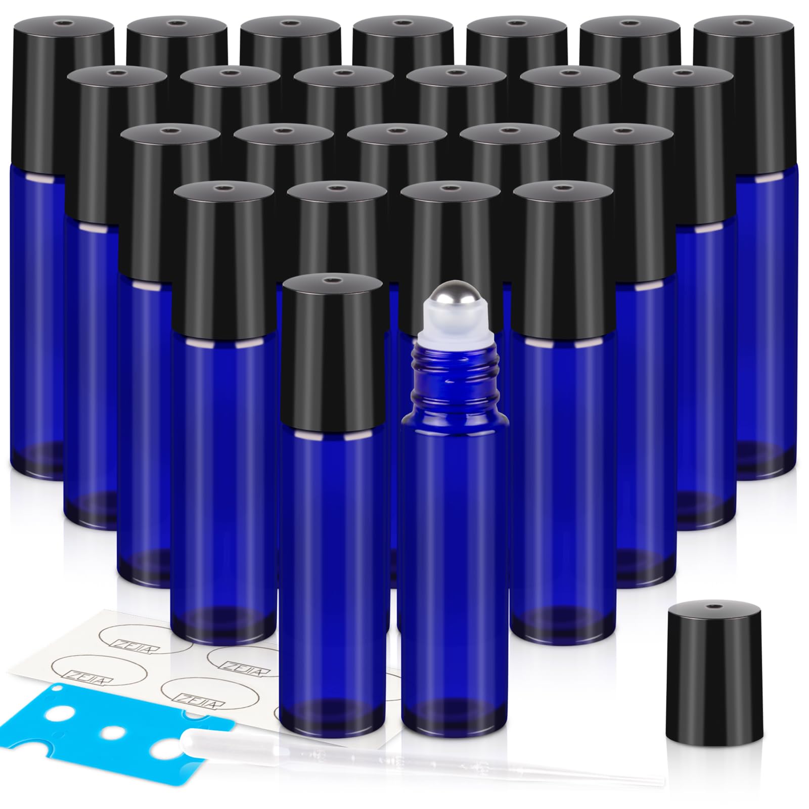 ZEJIA 10ml Roller Bottles 24Pack Cobalt Blue Thick Glass Essential Oil Roller Bottles Stainless Steel Roller Ball with 2 Droppers