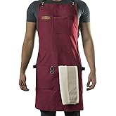 Asaya Chef and BBQ Apron with Bottle Opener and Hand Towel - 10oz Cotton Canvas, Stainless Steel Hardware - Cross Back Straps