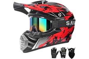 CUTEY Youth Kids Motocross Helmet, Adult ATV Dirt Bike Helmet, Off-Road BMX 4-Wheeler Full Face Motorcycle Helmet W/Goggles Gloves & Mask, DOT Approved, Red Camo, S