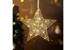 Roylvan Hanging Outdoor Christmas Star Light, Battery Operated LED Porch Light with Beads, Xmas Warm White Lantern Star Hanging Lamp for Indoor Outdoor Holiday Decorative Ornament, Gold