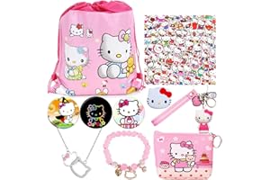WTDZUCOI Kawaii Hello Pink Kitty Merch Stuff Gifts for Girls, Cute Anime Accessories Including Drawstring Bag, Small Purse, Bracelet, Keychain, Phone Holder, Button Pins, Necklace, Stickers