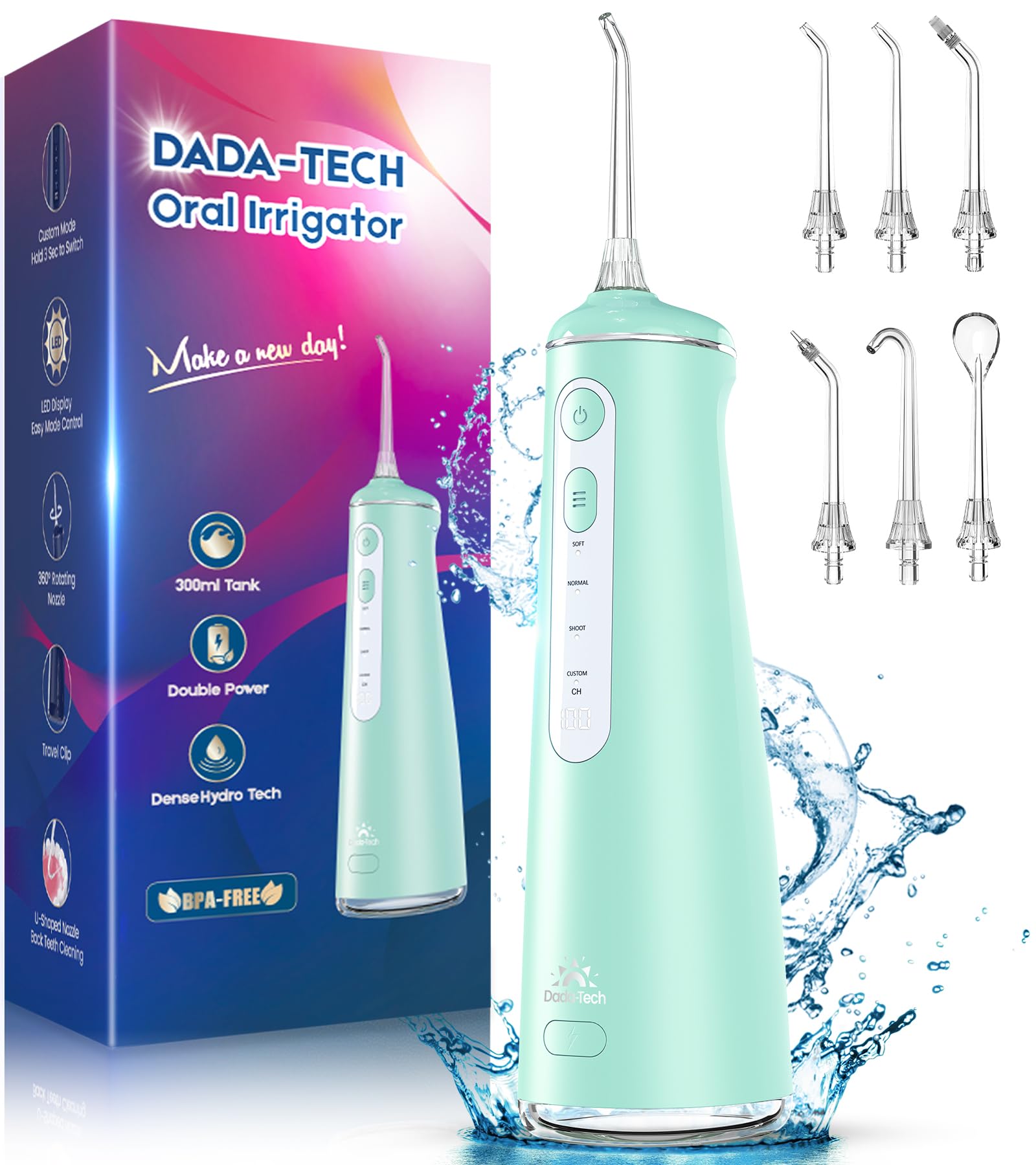 Water Flosser Pick for Teeth Cordless Water Flosser Dental Electric Oral Irrigator Portable Cleaner UK with 8 DIY Modes 7 Jets 300ml Tank Braces Flossers Rechargeable (Green)