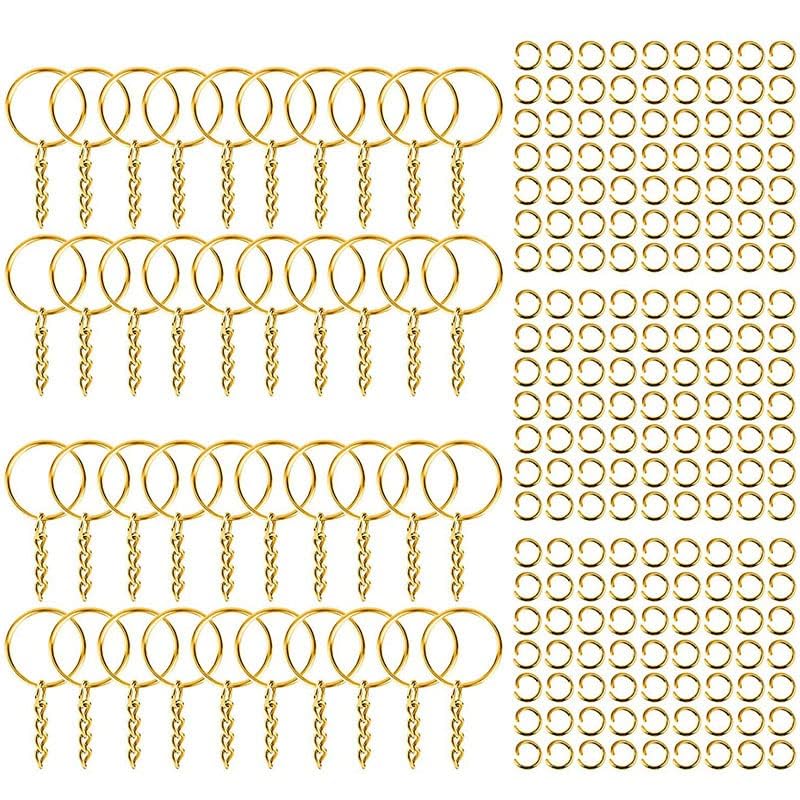 Keyring 100pcs, Gold Round Flat Key Ring with Chain Durable Alloy Circular Keyrings Metal Key Split Ring DIY Keychain Accessories