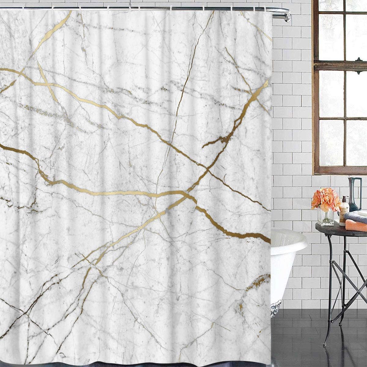 wanxinfu Shower Curtain Polyester Fabric Bathroom Curtain Set with Hooks Bath Decor Set Waterproof Personalized Customization Curtains, Golden Crack Marble Pattern 72" x 72"