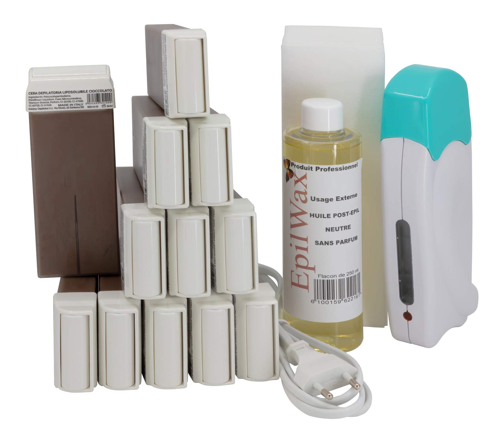 EpilWax Complete Hair Removal Waxing Kit - with 12 Chocolate Wax Roll-on Cartridges, Roll On Wax Heater, 100 Strips and Waxing Oil