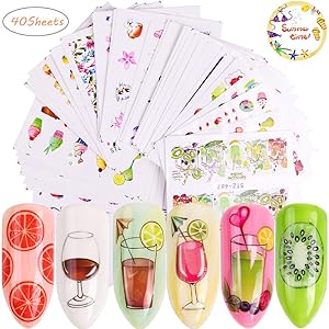 Nail Art Stickers for Women 40 Sheets Water Slide Nail Tattoo Decals Fruits Cakes Drinks Ice Cream Tips Cartoon Nail Art Stickers for Manicure Wraps Decorations of Fingernails and Toenails