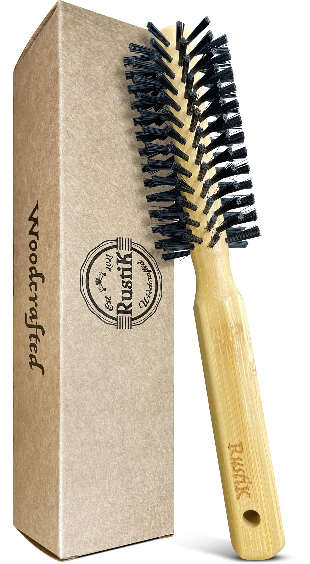 Bamboo Round Hair Brush by RustiK, Soft Bristles, Large Handle, Curl Enhancing, Blow Drying, Styling, Adding Volume/Shine. Woodcrafted For Men and Women.