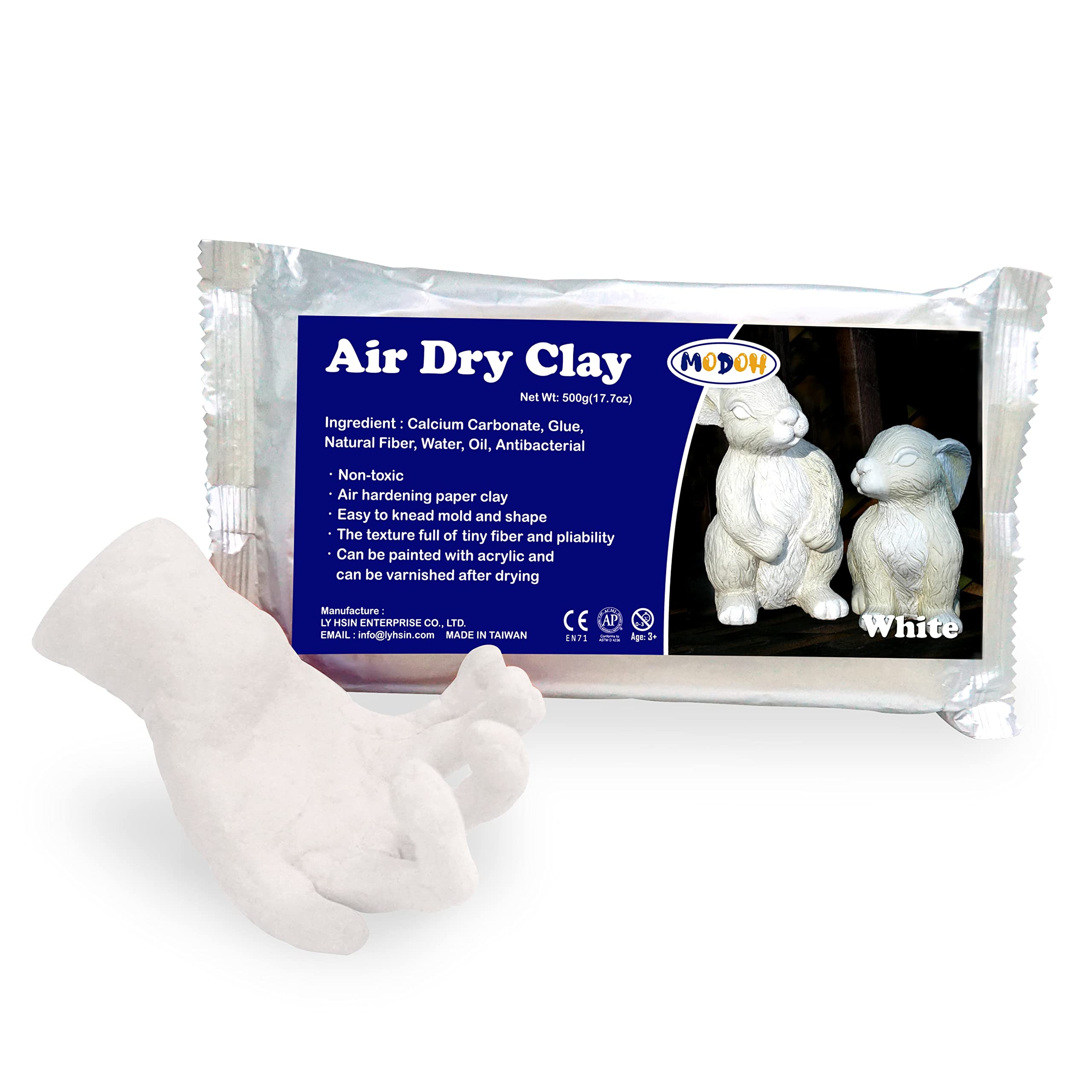 Air Dry Clay White 1.1 lbs, Modeling Clay Air Drying for Sculpting, Painting | Fast Air Hardening Molding Clay | Foil Bag Package | for Kids, Professional | Perfect for Classroom Craft Project