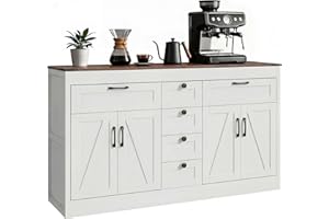 HOMCOM Sideboard Buffet Cabinet, 55" Farmhouse Kitchen Storage Cabinet with 4 Barn Doors, 6 Drawers and 2 Adjustable Shelves,