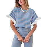 Tankaneo Women Striped Tops Ruffle Sleeve Casual Basic T Shirts Crewneck Short Sleeve Shirt Summer Outfits