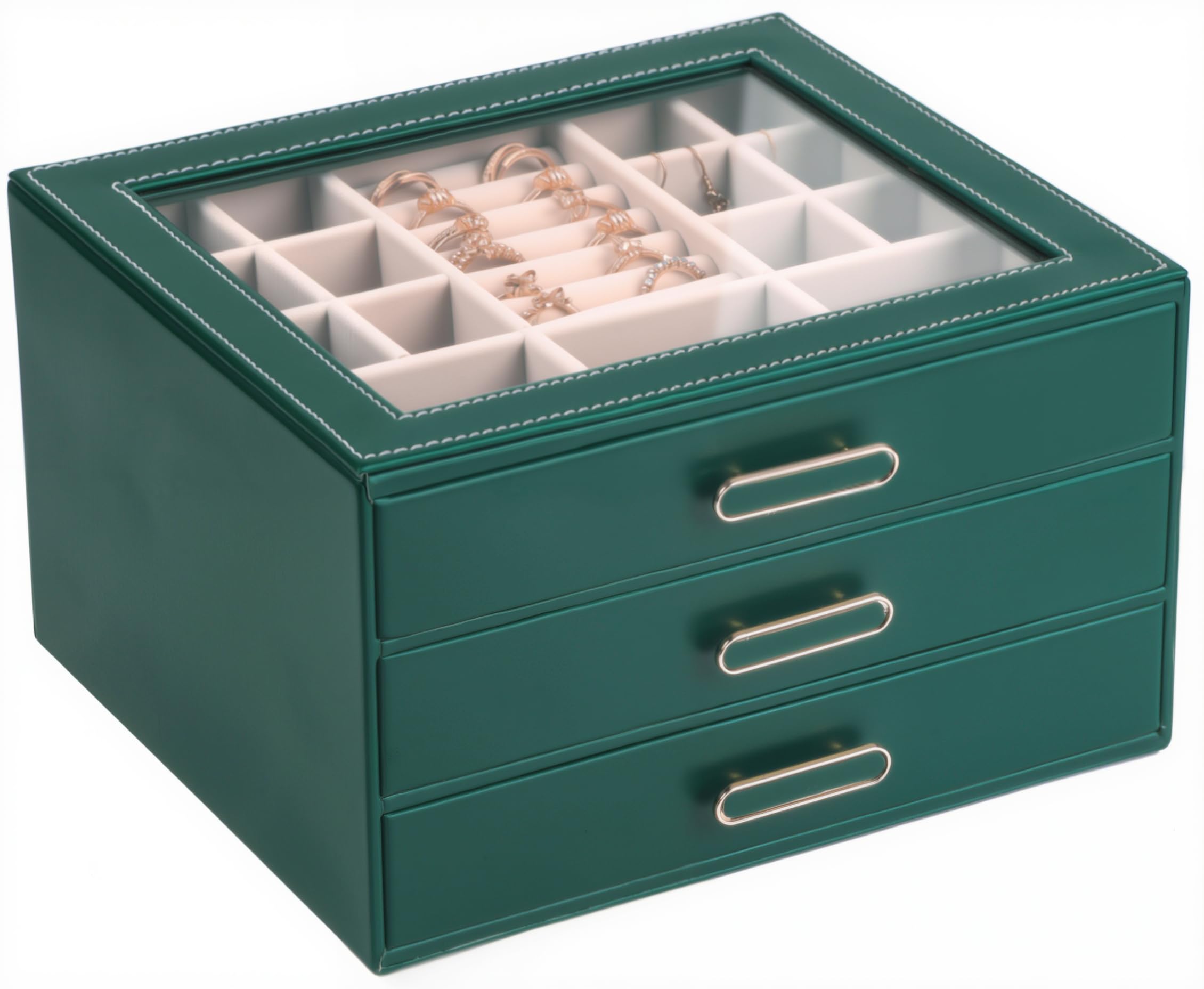 ASINGYER 3 Layer Jewelry Organizer Box with Glass Lids & 3 Drawers - Elegant Storage Solution for Necklace, Rings,Earrings, and Bracelets - Perfect for Women ASK-301 (Green)