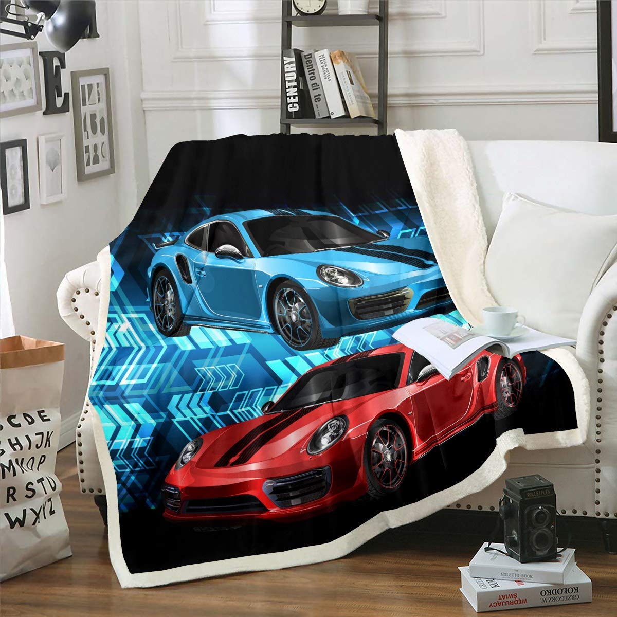 Loussiesd Cars Fleece Throw Blanket Arrow Sherpa for Sofa Bed Sports Car Plush Red Blue Black Breathable Fuzzy Room Decor Double 60x79 Inch