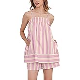calbatic Women 2 Piece Lounge Set Striped Summer Pajama Set Sleeveless Peplum Cami Top and Wide Leg Shorts Set Beachwear