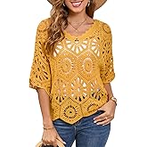 WESURE Women's Crochet Tops Boho Hollow Out V-Neck Pullover Lace Cove Up
