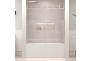 EASYWORC Bathtub Shower Door Frameless, 55-60" W x 60" H Sliding Tub Shower Door, 1/4''(6mm) SGCC Tempered Glass with Explosion-Proof Film Nano Coating, Stainless Steel Hardware, Brushed Nickel