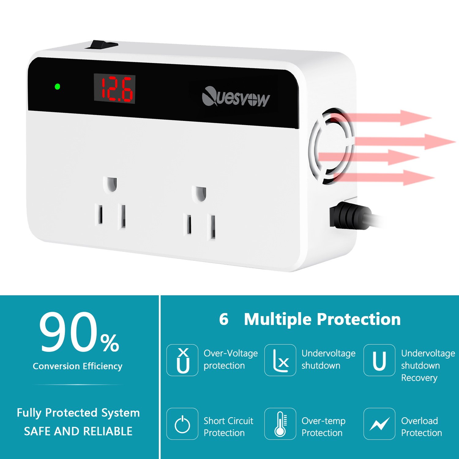 Quesvow 200W Car Power Inverter DC 12V to 110V AC Converter 4 USB Ports Charger-White