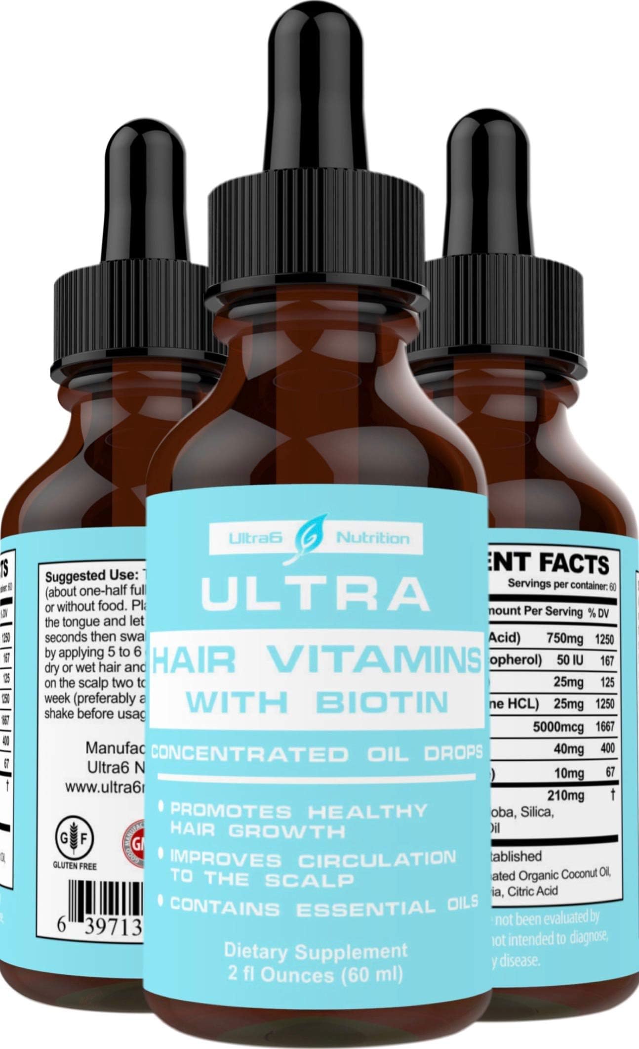 Ultra6 Nutrition Hair Vitamins With Biotin Concentrated Oil Drops With Essential Oils Supplement