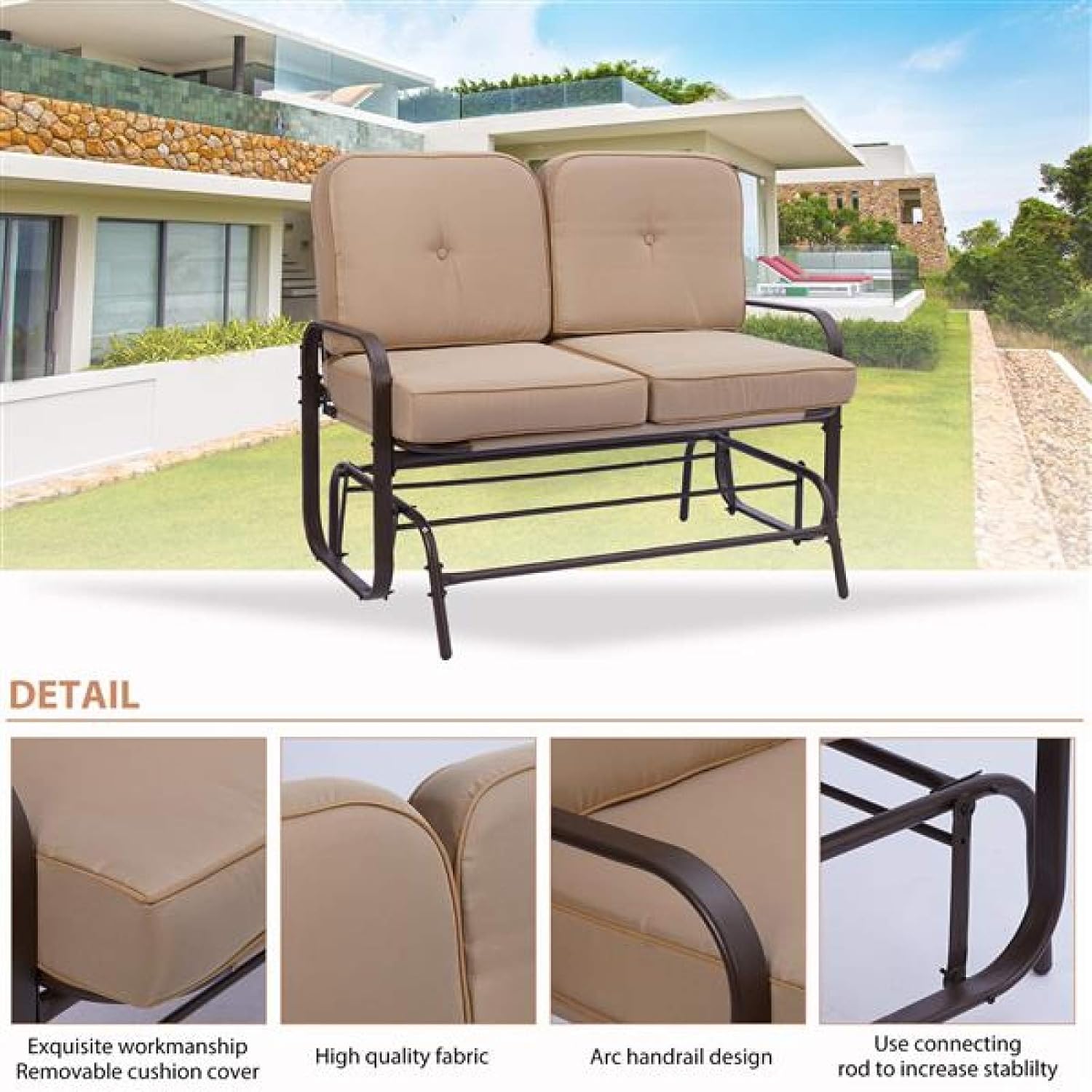 qianbo31 Garden Love seat, Outdoor Swing Glider Rocking Chair,Patio Bench for 2 Person, Double Sofa,Patio Steel Frame Chair Set with Cushion, Beige(1piece,pic): Home & Kitchen