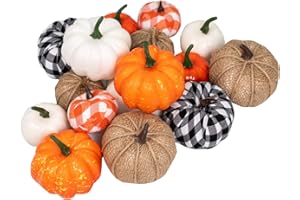 Ueerdand 16 PCS Fall Decor Assorted Sizes Artificial Pumpkins Burlap Faux Foam Pumpkin for Harvest Autumn Season Halloween Thanksgiving Holiday Festive Embellishing and Displaying