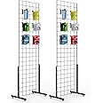 Bonnlo 2' x 6' Standing Grid Panel Tower, Thicker 5mm Wire, 180 LBS Weight Capacity Grid Wall with T-Legs, Grid Rack for Retail Display with Extra Hooks (2)