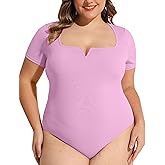 FOREYOND Plus Size Bodysuits for Women Short Sleeves Square Neck Body Suit Tops Casual Basic Slim Fit Shirts Leotards