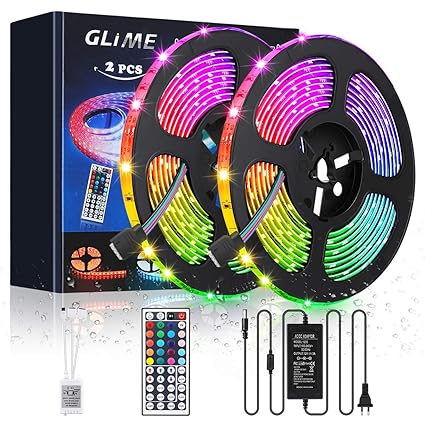 GLIME LED Streifen 10M LED Strip RGB Lichtband 2x5M LED Bänder 300LEDs 5050SMD LED Leiste Wasserdicht IP65 LED Band mit 44 Ta
