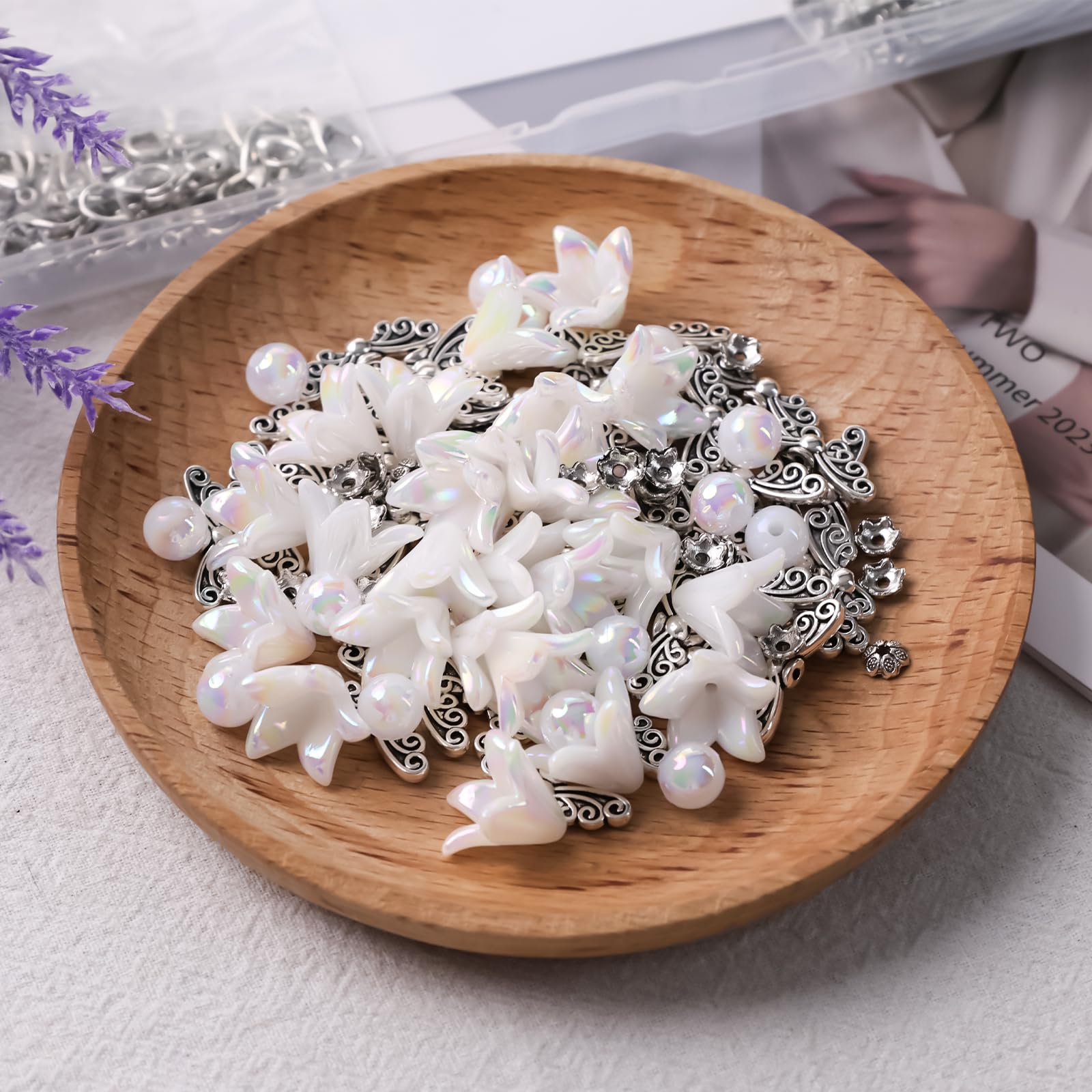 VGOODALL 50 Stück Schutzengel Selber Machen Set, Weiß Perlenengel Anhänger Basteln Charms Anhänger Perlen Engel Bastelset für DIY Basteln Charms Anhänger Schlüsselanhänger Engel