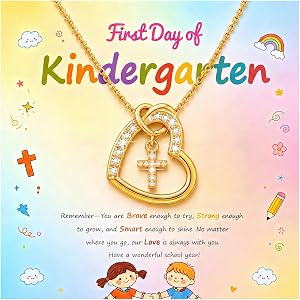 UVGVA First Day of Kindergarten Heart Cross Necklace Back to School Gifts | 18K Gold Plated Christian Kids Jewelry Gift Set W