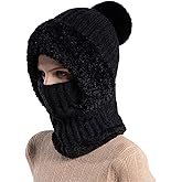 Women’s Knitted Beanie Hat with Face Cover - 3 in 1 Winter Balaclava with Mask Scarf Ear Muffs Pompom Fleece Lined Snow Caps