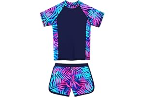 BAOHULU Girls Rash Guard Swimsuit Two Piece Bathing Suit UPF 50+ Short Sleeve Summer Beach Swimwear Size 3-14 Years