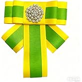 Ribbon Bow Tie Pearl Brooch Bow Pin, Green and Yellow Grosgrain Ribbon with Crystal Accent, Decorative Fashion Accessory, Sorority Paraphernalia Brooch Pin for Women Greek, Inspired for Chi Eta Phi, Conferences, Luncheons