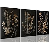 TUEASKY 3 Piece Canvas Wall Art Wildflower Wall Decor Botanical Pictures Floral Paintings Moody Prints Dark Artwork