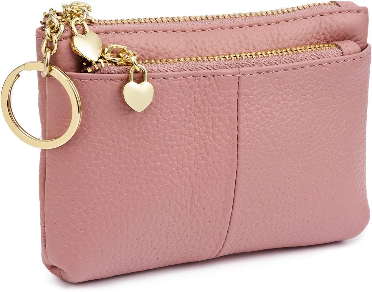 Women Genuine Leather Zip Mini Coin Purse with Key Ring Triple Zipper Card Holder Wallet (Pink) - Image 3