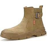 GLANOUDUN High top Steel Toe Boots Welding Work Boots for Men Indestructible Men's Steel Toe Shoes Zipper Construction Shoes Laceless Safety Welder Footwear Brown size 7