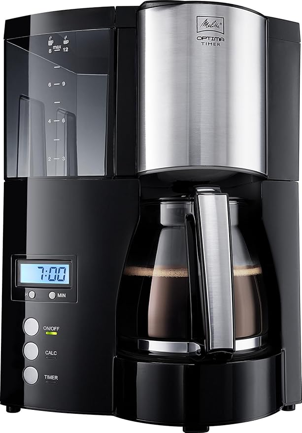 Melitta Optima Timer 100801 bk, Filterkaffeemaschine mit Glaskanne und Timer-Funktion, Abnehmbarer Wassertank, Schwarz