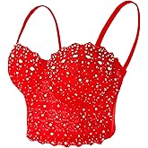 ELLACCI Women's Natural Reigning Lace Rhinestone Bustier Crop Top Sexy Mesh Corset Top Bra Red